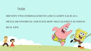 TASK
IDENTIFY TWO OTHER ELEMENTS AND CLASSIFY EACH AS A
METAL OR NONMETALAND STATE HOW THAT ELEMENT IS USED IN
REAL LIFE.
 