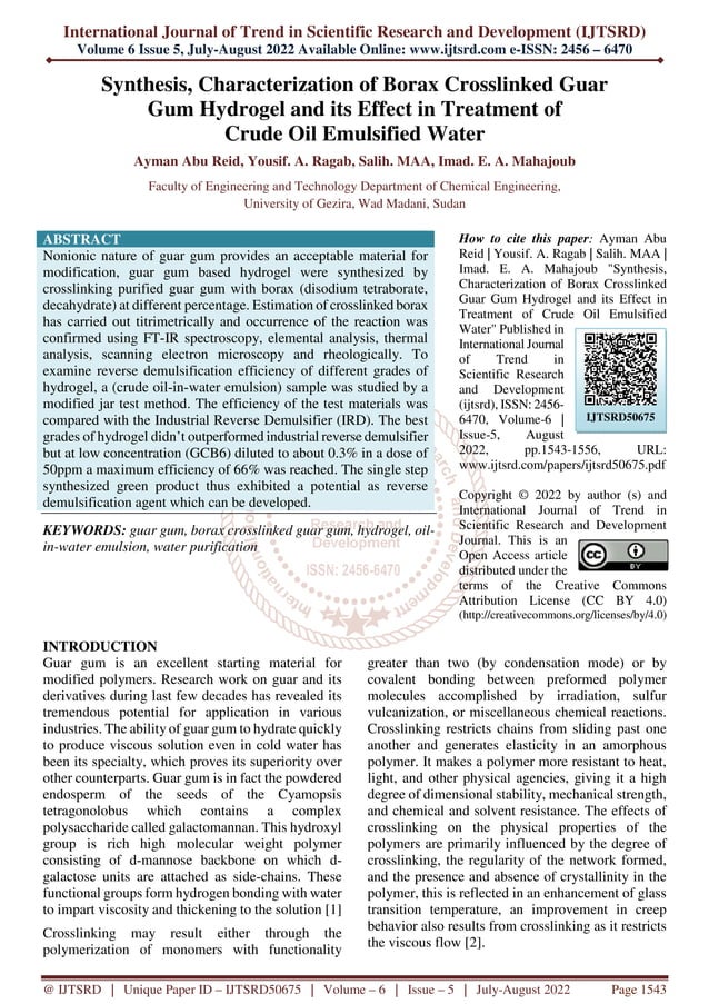Synthesis, Characterization of Borax Crosslinked Guar Gum Hydrogel and