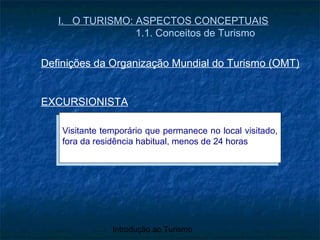Introdução ao Turismo
I. O TURISMO: ASPECTOS CONCEPTUAIS
1.1. Conceitos de Turismo
Definições da Organização Mundial do Turismo (OMT)
EXCURSIONISTA
Visitante temporário que permanece no local visitado,
fora da residência habitual, menos de 24 horas
Visitante temporário que permanece no local visitado,
fora da residência habitual, menos de 24 horas
 