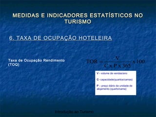 Introdução ao Turismo
MEDIDAS E INDICADORES ESTATÍSTICOS NOMEDIDAS E INDICADORES ESTATÍSTICOS NO
TURISMOTURISMO
6. TAXA DE OCUPAÇÃO HOTELEIRA6. TAXA DE OCUPAÇÃO HOTELEIRA
100x
365xPxC
V
TOR =Taxa de Ocupação Rendimento
(TOQ)
V - volume de vendas/ano
C- capacidade(quartos/camas)
P – preço diário da unidade de
alojamento (quarto/cama)
 