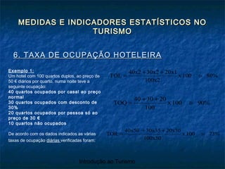 Introdução ao Turismo
MEDIDAS E INDICADORES ESTATÍSTICOS NOMEDIDAS E INDICADORES ESTATÍSTICOS NO
TURISMOTURISMO
6. TAXA DE OCUPAÇÃO HOTELEIRA6. TAXA DE OCUPAÇÃO HOTELEIRA
80%100x
100x2
20x130x240x2
TOL 
++
=
90%100x
100
203040
TOQ 
++
=
73%100x
100x50
20x3030x3540x50
TOR 
++
=
Exemplo 1:
Um hotel com 100 quartos duplos, ao preço de
50 € diários por quarto, numa noite teve a
seguinte ocupação:
40 quartos ocupados por casal ao preço
normal
30 quartos ocupados com desconto de
30%
20 quartos ocupados por pessoa só ao
preço de 30 €
10 quartos não ocupados
De acordo com os dados indicados as várias
taxas de ocupação diárias verificadas foram:
 