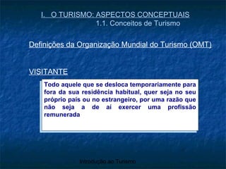 Introdução ao Turismo
I. O TURISMO: ASPECTOS CONCEPTUAIS
1.1. Conceitos de Turismo
Definições da Organização Mundial do Turismo (OMT)
VISITANTE
Todo aquele que se desloca temporariamente para
fora da sua residência habitual, quer seja no seu
próprio país ou no estrangeiro, por uma razão que
não seja a de aí exercer uma profissão
remunerada
Todo aquele que se desloca temporariamente para
fora da sua residência habitual, quer seja no seu
próprio país ou no estrangeiro, por uma razão que
não seja a de aí exercer uma profissão
remunerada
 