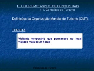Introdução ao Turismo
I. O TURISMO: ASPECTOS CONCEPTUAIS
1.1. Conceitos de Turismo
Definições da Organização Mundial do Turismo (OMT)
TURISTA
Visitante temporário que permanece no local
visitado mais de 24 horas
Visitante temporário que permanece no local
visitado mais de 24 horas
 