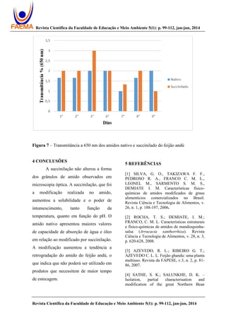 Revista Científica da Faculdade de Educação e Meio Ambiente 5(1): p. 99-112, jan-jun, 2014
Revista Científica da Faculdade de Educação e Meio Ambiente 5(1): p. 99-112, jan-jun, 2014
Figura 7 – Transmitância a 650 nm dos amidos nativo e succinilado do feijão andú
4 CONCLUSÕES
A succinilação não alterou a forma
dos grânulos de amido observados em
microscopia óptica. A succinilação, que foi
a modificação realizada no amido,
aumentou a solubilidade e o poder de
intumescimento, tanto função da
temperatura, quanto em função do pH. O
amido nativo apresentou maiores valores
de capacidade de absorção de água e óleo
em relação ao modificado por succinilação.
A modificação aumentou a tendência a
retrogradação do amido do feijão andú, o
que indica que não poderá ser utilizado em
produtos que necessitem de maior tempo
de estocagem.
5 REFERÊNCIAS
[1] SILVA, G. O., TAKIZAWA F. F.,
PEDROSO R. A., FRANCO C. M. L.,
LEONEL M., SARMENTO S. M. S.,
DEMIATE I. M. Características físico-
químicas de amidos modificados de graus
alimentícios comercializados no Brasil.
Revista Ciência e Tecnologia de Alimentos, v.
26, n. 1, p. 188-197, 2006.
[2] ROCHA, T. S.; DEMIATE, I. M.;
FRANCO, C. M. L. Características estruturais
e físico-químicas de amidos de mandioquinha-
salsa (Arracacia xanthorrhiza). Revista
Ciência e Tecnologia de Alimentos, v. 28, n. 3,
p. 620-628, 2008.
[3] AZEVEDO, R. L.; RIBEIRO G. T.;
AZEVEDO C. L. L. Feijão ghandu: uma planta
multiuso. Revista da FAPESE, v.3, n. 2, p. 81-
86, 2007.
[4] SATHE, S. K.; SALUNKHE, D. K. –
Isolation, partial characterisation and
modification of the great Northern Bean
 