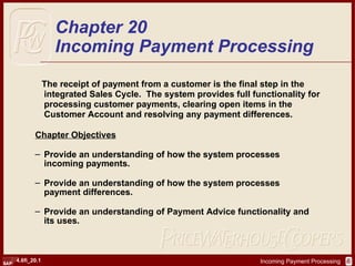 [object Object],[object Object],[object Object],[object Object],[object Object],Chapter 20 Incoming Payment Processing 