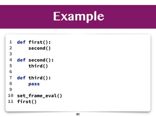 Example
1
2
3
4
5
6
7
8
9
10
11
def first():
second()
def second():
third()
def third():
pass
set_frame_eval()
first()
41
 