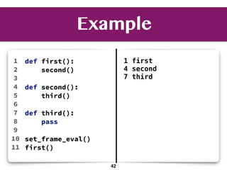 Example
def first():
second()
def second():
third()
def third():
pass
set_frame_eval()
first()
1
2
3
4
5
6
7
8
9
10
11
1 first
4 second
7 third
42
 