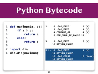Python Bytecode
def maximum(a, b):
if a > b:
return a
else:
return b
import dis
dis.dis(maximum)
1
2
3
4
5
6
7
8
2 0 LOAD_FAST 0 (a)
2 LOAD_FAST 1 (b)
4 COMPARE_OP 4 (>)
6 POP_JUMP_IF_FALSE 12
3 8 LOAD_FAST 0 (a)
10 RETURN_VALUE
5 >> 12 LOAD_FAST 1 (b)
14 RETURN_VALUE
16 LOAD_CONST 0 (None)
18 RETURN_VALUE
60
 