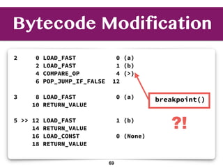 Bytecode Modification
2 0 LOAD_FAST 0 (a)
2 LOAD_FAST 1 (b)
4 COMPARE_OP 4 (>)
6 POP_JUMP_IF_FALSE 12
3 8 LOAD_FAST 0 (a)
10 RETURN_VALUE
5 >> 12 LOAD_FAST 1 (b)
14 RETURN_VALUE
16 LOAD_CONST 0 (None)
18 RETURN_VALUE
breakpoint()
?!
69
 