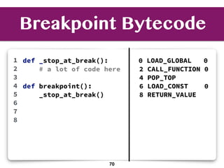 Breakpoint Bytecode
def _stop_at_break():
# a lot of code here
def breakpoint():
_stop_at_break()
1
2
3
4
5
6
7
8
0 LOAD_GLOBAL 0
2 CALL_FUNCTION 0
4 POP_TOP
6 LOAD_CONST 0
8 RETURN_VALUE
70
 
