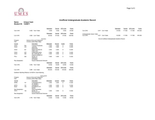 Page 3 of 3
Unofficial Undergraduate Academic Record
Name: Unique Cash
Student ID: 1225871
Attempted Earned GPA Units Points
Term GPA 4.000 Term Totals 6.000 6.000 6.000 24.000
Attempted Earned GPA Units Points
Cum GPA 3.862 Cum Totals 88.000 87.000 87.000 336.000
Fall 2014
Program: School of Arts and Professions
Plan: Criminal Justice Major Major
Course Description Attempted Earned Grade Points
CRJS 302 Criminal Procedures 3.000 3.000 A 12.000
CRJS 375 JUDICIAL
PROCESS
3.000 3.000 A 12.000
CRJS 401 RSRCH MTHDS IN
CRIM JUST
3.000 3.000 A 12.000
CRJS 470 Independent Study 3.000 3.000 A 12.000
CRJS 495 SR. CAPSTNE IN
CRJS & CRIMNLGY
3.000 3.000 A 12.000
POLI 200 INTRO TO
AMERICN
GOVERNT
3.000 3.000 A 12.000
Req Designation: Social & Behaviorial Sciences
Attempted Earned GPA Units Points
Term GPA 4.000 Term Totals 18.000 18.000 18.000 72.000
Attempted Earned GPA Units Points
Cum GPA 3.885 Cum Totals 106.000 105.000 105.000 408.000
Academic Standing Effective 12/19/2014: Good Standing
Spring 2015
Program: School of Arts and Professions
Plan: Criminal Justice Major Major
Course Description Attempted Earned Grade Points
ARAB 101 FUNDAMENTALS
OF ARABIC I
3.000 3.000 A 12.000
ARTS 121 CERAMICS I 3.000 3.000 A 12.000
MUSI 100 RUDIMENTS OF
MUSIC
3.000 3.000 B 9.000
Req Designation: Arts & Humanities
PSYC 100 INTRO TO
PSYCHOLOGY
3.000 3.000 A 12.000
Req Designation: Social & Behaviorial Sciences
Attempted Earned GPA Units Points
Term GPA 3.750 Term Totals 12.000 12.000 12.000 45.000
Attempted Earned GPA Units Points
Cum GPA 3.871 Cum Totals 118.000 117.000 117.000 453.000
Undergraduate Career Totals
Cum GPA: 3.871 Cum Totals 118.000 117.000 117.000 453.000
End of Unofficial Undergraduate Academic Record
 