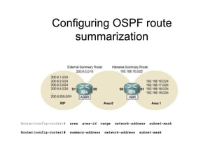 Configuring OSPF route
summarization
Router(config-router)# area area-id range network-address subnet-mask
Router(config-router)# summary-address network-address subnet-mask
 