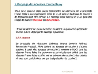 5.Mappage des adresses Frame Relay
Mr
.OUZAOUIT 16
•Pour qu’un routeur Cisco puisse transmettre des données par le protocole
Frame Relay
, la correspondance entre le DLCI local et l’adresse de couche 3
de destination doit être connue. Ce mappage entre adresse et DLCI peut être
réalisé de manière statique ou dynamique.
•Avant de définir ces deux méthodes on définit un protocole appeléARP
inverse qui est utilisé par le mappage dynamique:
ARP inverse
Le protocole de résolution d’adresse inverse (Inverse Address
Resolution Protocol, ARP) obtient les adresses de couche 3 d’autres
stations à partir des adresses de couche 2, comme le DLCI dans les
réseaux Frame Relay
. Ce protocole est principalement utilisé dans les
réseaux Frame Relay et ATM, où les adresses de couche 2 des circuits
virtuels sont parfois obtenues par la signalisation de couche 2.
 