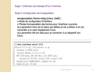 Étape 1.Définition de l’adresse IPsur l’interface
Étape 2.Configuration de l’encapsulation
encapsulation frame-relay [cisco |ietf] :
o Mode de configuration d’interface.
o Précise l’encapsulation des trames pour l’interface courante.
oLe paramètre cisco est la valeur par défaut,et est à utiliser si on est
raccordée à un autre équipement Cisco.
oLe paramètre ietf est utile pour se connecter à un dispositif non
Cisco.
Mr
.OUZAOUIT 31
 