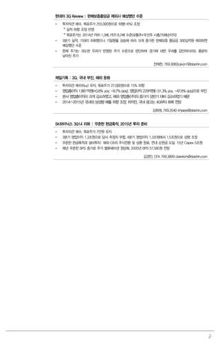 2 
현대차 3Q Review : 판매보증충당금 제외시 예상했던 수준 
- 투자의견 매수, 목표주가 255,000원으로 하향(-6%) 조정 
* 실적 하향 조정 반영 
* 목표주가는 2014년 PBR 1.3배, PER 8.2배 수준(보통주+우선주 시총/지배순이익) 
- 3분기 실적, 기대치 하회했으나 기말환율 상승에 따라 크게 증가한 판매보증 충당금 300십억원 제외하면 예상했던 수준 
- 현재 주가는 과도한 우려가 반영된 주가 수준으로 판단하며 경기에 대한 우려를 감안하더라도 충분히 낮아진 주가 
전재천. 769.3082jcjeon7@daishin.com 
제일기획 : 3Q. 국내 부진, 해외 둔화 
- 투자의견 매수(Buy) 유지, 목표주가 27,000원으로 15% 하향 
- 영업총이익 1,881억원(+0.8% yoy, -9.7% qoq), 영업이익 229억원(-31.3% yoy, -47.6% qoq)으로 부진 
- 본사 영업총이익이 크게 감소하였고, 해외 영업총이익의 증가가 상반기 대비 감소하였기 때문 
- 2014~2015년 국내외 삼성향 매출 하향 조정. 하지만, 국내 광고는 4Q부터 회복 전망 
김회재. 769.3540 khjaeje@daishin.com 
SK하이닉스 3Q14 리뷰 : 꾸준한 현금축적, 2015년 투자 준비 
- 투자의견 매수, 목표주가 7만원 유지 
- 3분기 영업이익 1.3조원으로 당사 추정치 부합. 4분기 영업이익 1.3조원에서 1.5조원으로 상향 조정 
- 꾸준한 현금축적과 설비투자: 해외 CB의 주식전환 및 상환 완료. 연내 순현금 도달. 15년 Capex 5조원 
- 매년 꾸준한 BPS 증가로 주가 밸류에이션 정당화. 2020년 BPS 57,585원 전망 
김경민, CFA 769.3809 clairekim@daishin.com  