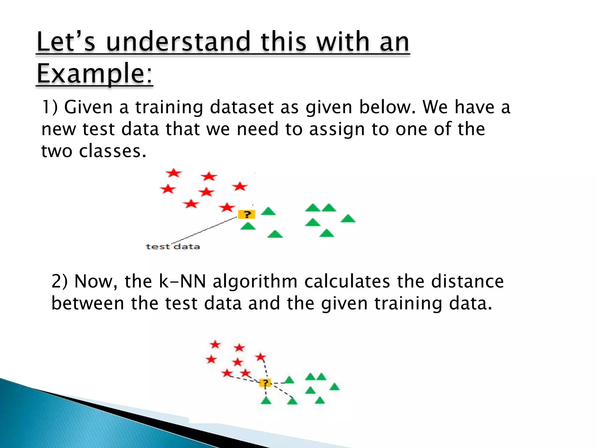 Let’s understand this with an
Example:
1) Given a training dataset as given below. We have a
new test data that we need to assign to one of the
two classes.
2) Now, the k-NN algorithm calculates the distance
between the test data and the given training data.
 
