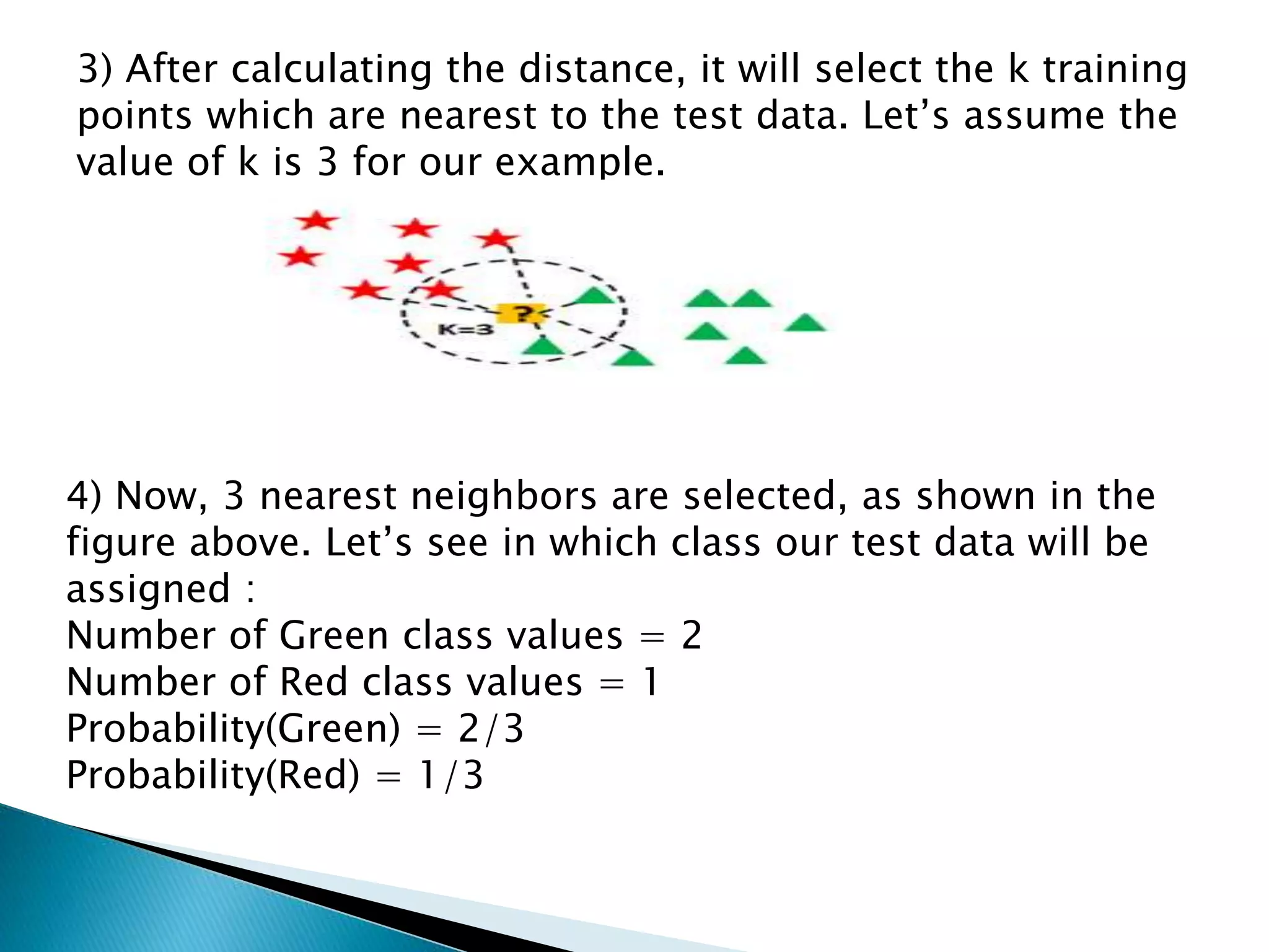 3) After calculating the distance, it will select the k training
points which are nearest to the test data. Let’s assume the
value of k is 3 for our example.
4) Now, 3 nearest neighbors are selected, as shown in the
figure above. Let’s see in which class our test data will be
assigned :
Number of Green class values = 2
Number of Red class values = 1
Probability(Green) = 2/3
Probability(Red) = 1/3
 