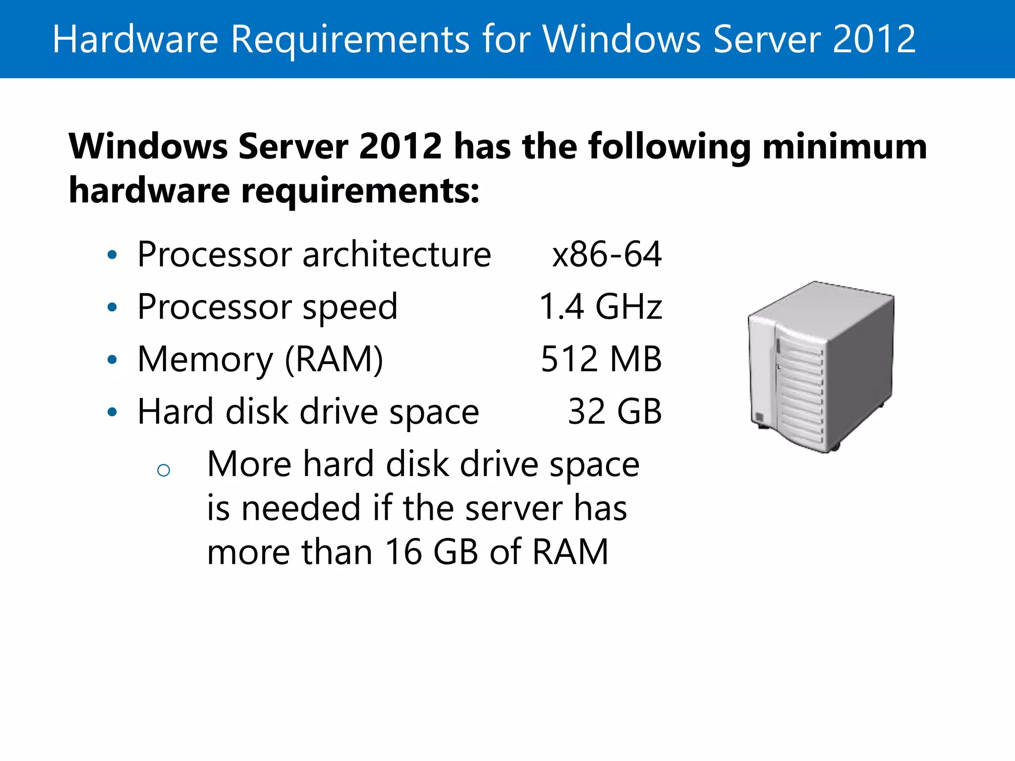 Hardware Requirements for Windows Server 2012
Windows Server 2012 has the following minimum
hardware requirements:
• Processor architecture x86-64
• Processor speed 1.4 GHz
• Memory (RAM) 512 MB
• Hard disk drive space 32 GB
o More hard disk drive space
is needed if the server has
more than 16 GB of RAM
 