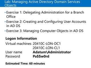 Lab: Managing Active Directory Domain Services
Objects
• Exercise 1: Delegating Administration for a Branch
Office
• Exercise 2: Creating and Configuring User Accounts
in AD DS
• Exercise 3: Managing Computer Objects in AD DS
Logon Information
Virtual machines 20410C-LON-DC1
20410C-LON-CL1
User name AdatumAdministrator
Password Pa$$w0rd
Estimated Time: 60 minutes
 