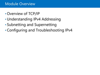 Module Overview
• Overview of TCP/IP
• Understanding IPv4 Addressing
• Subnetting and Supernetting
• Configuring and Troubleshooting IPv4
 