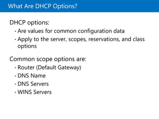 What Are DHCP Options?
DHCP options:
• Are values for common configuration data
• Apply to the server, scopes, reservations, and class
options
Common scope options are:
• Router (Default Gateway)
• DNS Name
• DNS Servers
• WINS Servers
 