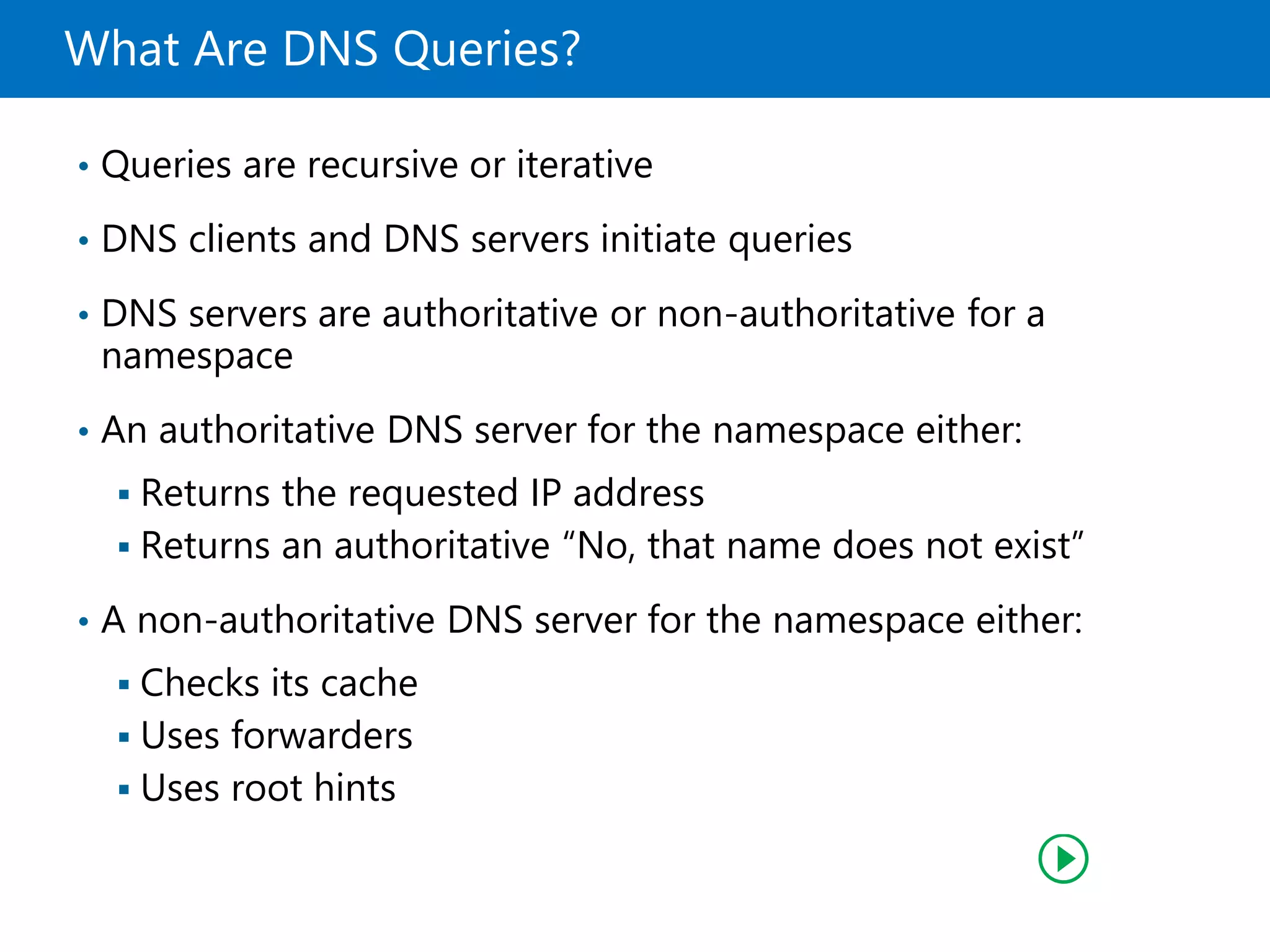 What Are DNS Queries?
• Queries are recursive or iterative
• DNS clients and DNS servers initiate queries
• DNS servers are authoritative or non-authoritative for a
namespace
• An authoritative DNS server for the namespace either:
 Returns the requested IP address
 Returns an authoritative “No, that name does not exist”
• A non-authoritative DNS server for the namespace either:
 Checks its cache
 Uses forwarders
 Uses root hints
 