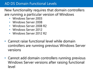 AD DS Domain Functional Levels
New functionality requires that domain controllers
are running a particular version of Windows
• Windows Server 2003
• Windows Server 2008
• Windows Server 2008 R2
• Windows Server 2012
• Windows Server 2012 R2
• Cannot raise functional level while domain
controllers are running previous Windows Server
versions
• Cannot add domain controllers running previous
Windows Server versions after raising functional
level
 