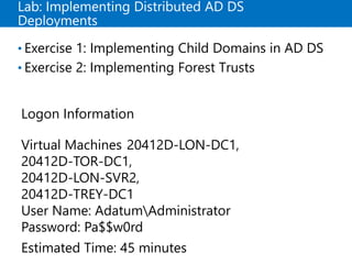 Lab: Implementing Distributed AD DS
Deployments
• Exercise 1: Implementing Child Domains in AD DS
• Exercise 2: Implementing Forest Trusts
Logon Information
Virtual Machines 20412D-LON-DC1,
20412D-TOR-DC1,
20412D-LON-SVR2,
20412D-TREY-DC1
User Name: AdatumAdministrator
Password: Pa$$w0rd
Estimated Time: 45 minutes
 