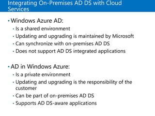 Integrating On-Premises AD DS with Cloud
Services
• Windows Azure AD:
• Is a shared environment
• Updating and upgrading is maintained by Microsoft
• Can synchronize with on-premises AD DS
• Does not support AD DS integrated applications
• AD in Windows Azure:
• Is a private environment
• Updating and upgrading is the responsibility of the
customer
• Can be part of on-premises AD DS
• Supports AD DS-aware applications
 