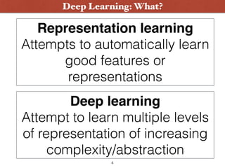 Representation learning
Attempts to automatically learn
good features or
representations
Deep learning
Attempt to learn multiple levels
of representation of increasing
complexity/abstraction
Deep Learning: What?
4
 