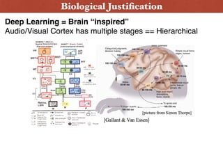 Biological Justiﬁcation
Deep Learning = Brain “inspired” 
Audio/Visual Cortex has multiple stages == Hierarchical
 