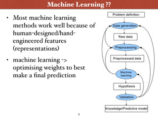 Machine Learning ??
8
• Most machine learning
methods work well because of
human-designed/hand-
engineered features
(representations)
• machine learning ->
optimising weights to best
make a ﬁnal prediction
 