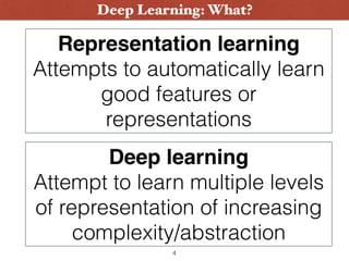 Representation learning
Attempts to automatically learn
good features or
representations
Deep learning
Attempt to learn mu...