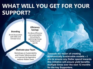 WHAT WILL YOU GET FOR YOUR
SUPPORT?
Efficiency
Savings
Pro Bono Efficiency
and sustainability
Consulting for
optimizing Energy
footprint and
spends
Motivate your Team
Workshops on Sustainability
and Private Talks(recorded
or in person) by legendary
explorer Robert Swan
Branding
Brand Association
with 2041 and
Climate Force
Towards my vision of creating
economically sustainable models – I
aim to ensure any Dollar spend towards
this initiative will ensure yield benefits
multiple times over the next 12 months
for the key Supporters.
 