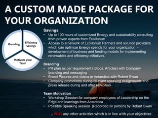 A CUSTOM MADE PACKAGE FOR
YOUR ORGANIZATION
Efficiency
Savings
Motivate your
Team
Branding
Savings
• Up to 100 hours of customized Energy and sustainability consulting
from proven experts from Ecolibrium
• Access to a network of Ecolibrium Partners and solution providers
which can optimize Energy spends for your organization -
development of business and funding models for implementing
renewables and efficiency initiatives.
Branding
• PR plan as per requirement ( Blogs, Articles) with Company
branding and messaging
• Brand Pictures and videos in Antarctica with Robert Swan
• Company promotions during relevant speaking assignments and
press release during and after exhibition
Team Motivation
• Workshop Session for company employees of Leadership on the
Edge and learnings from Antarctica
• Possible Speaking session (Recorded /in person) by Robert Swan
.. PLUS any other activities which is in line with your objectives
 