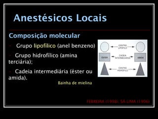 Anestésicos Locais
Composição molecular
• Grupo lipofílico (anel benzeno);
• Grupo hidrofílico (amina
terciária);
• Cadeia intermediária (éster ou
amida).
FERREIRA (1998); SÁ LIMA (1996)
Bainha de mielina
 