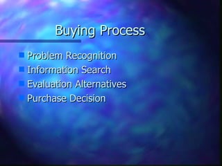 Buying Process
s Problem Recognition
s Information Search
s Evaluation Alternatives
s Purchase Decision
 