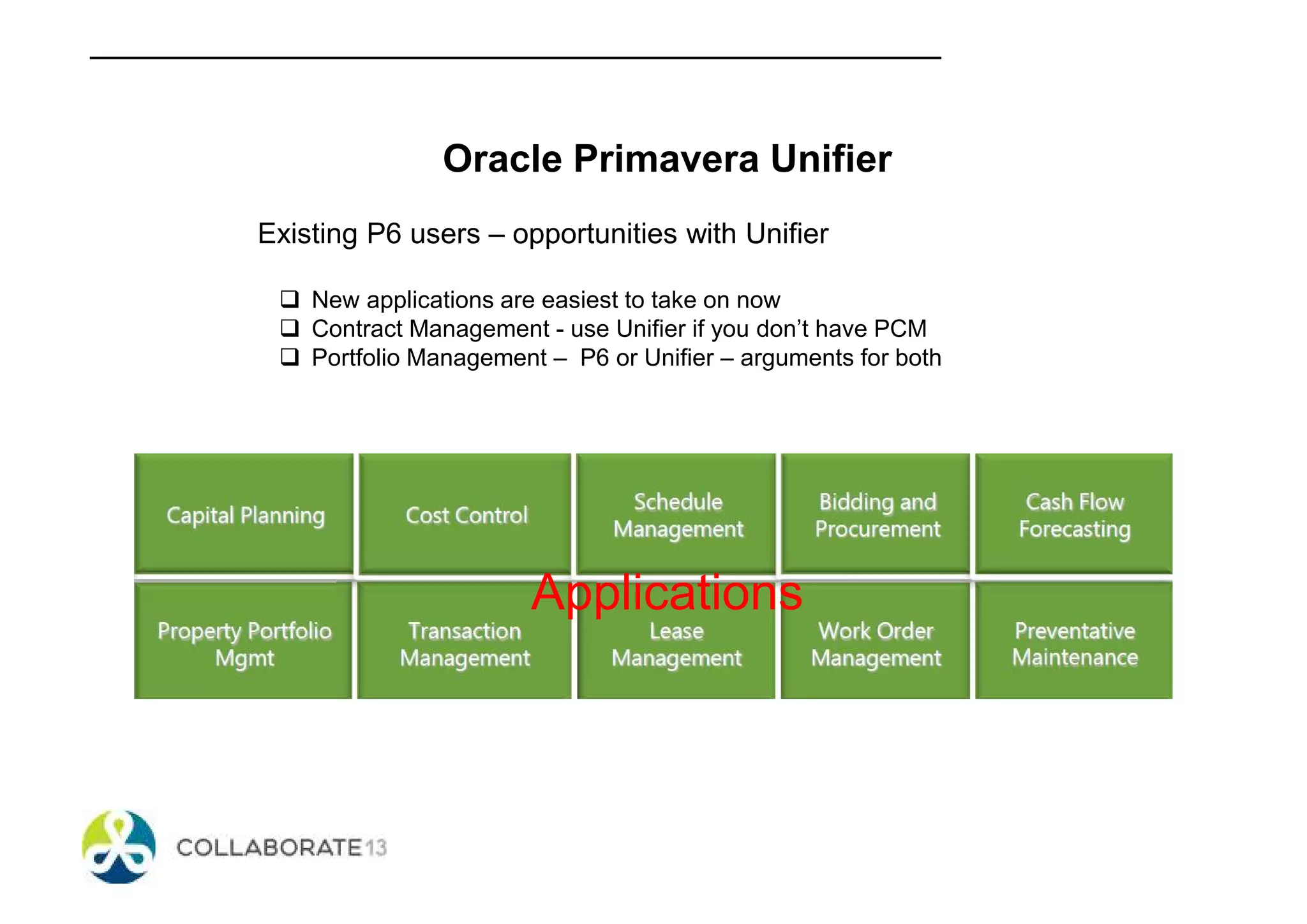 Oracle Primavera Unifier
Existing P6 users – opportunities with Unifier
New applications are easiest to take on now
Contract Management - use Unifier if you don’t have PCM
Portfolio Management – P6 or Unifier – arguments for both
Applications
 