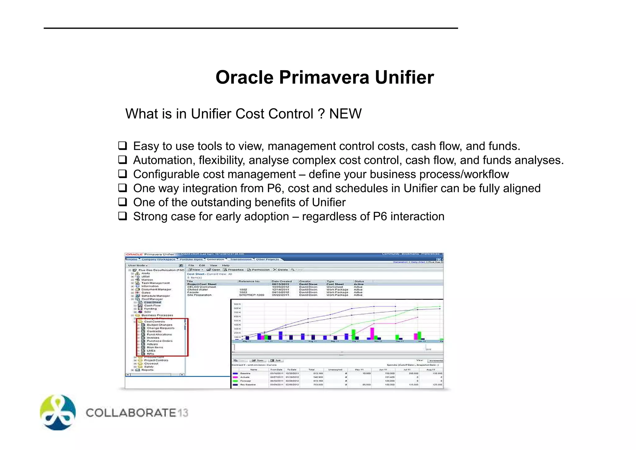 Oracle Primavera Unifier
What is in Unifier Cost Control ? NEW
Easy to use tools to view, management control costs, cash flow, and funds.
Automation, flexibility, analyse complex cost control, cash flow, and funds analyses.
Configurable cost management – define your business process/workflow
One way integration from P6, cost and schedules in Unifier can be fully aligned
One of the outstanding benefits of Unifier
Strong case for early adoption – regardless of P6 interaction
 