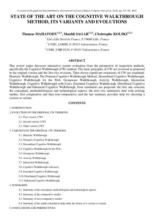 State Of The Art On The Cognitive Walkthrough Method By Mahatody Sa