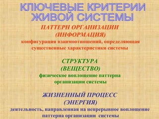 КЛЮЧЕВЫЕ КРИТЕРИИ ЖИВОЙ СИСТЕМЫ ПАТТЕРН ОРГАНИЗАЦИИ  (ИНФОРМАЦИЯ) конфигурация взаимоотношений, определяющая существенные характеристики системы   СТРУКТУРА  (ВЕЩЕСТВО) физическое воплощение паттерна  организации системы ЖИЗНЕННЫЙ ПРОЦЕСС  (ЭНЕРГИЯ) деятельность, направленная на непрерывное воплощение  паттерна организации  системы 