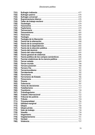 Diccionario político
16
731) Sufragio indirecto..................................................................................... 677
732) Sufragio pasivo ......................................................................................... 678
733) Sufragio universal .................................................................................... 678
734) Supremacismo blanco ............................................................................ 678
735) Taller de trabajo esclavo ........................................................................ 679
736) Tautología................................................................................................... 679
737) Taxonomía.................................................................................................. 679
738) Taylorismo.................................................................................................. 679
739) Tecnocracia................................................................................................ 681
740) Teocentrismo............................................................................................. 685
741) Teocracia .................................................................................................... 685
742) Teología....................................................................................................... 686
743) Teología de la liberación ........................................................................ 686
744) Teoría de la alienación ............................................................................ 690
745) Teoría de la conspiración....................................................................... 692
746) Teoría de la dependencia ....................................................................... 692
747) Teoría de la elección pública................................................................. 692
748) Teoría del dominó..................................................................................... 693
749) Teoría del valor-trabajo........................................................................... 693
750) Teoría general de sistemas.................................................................... 696
751) Teoría política de los campos semánticos........................................ 696
752) Teorías sistémicas de la ciencia política ........................................... 697
753) Tercer estado............................................................................................. 699
754) Tercer mundo ............................................................................................ 700
755) Tercera posición....................................................................................... 700
756) Tercera Vía.................................................................................................. 701
757) Tercermundismo....................................................................................... 702
758) Terrateniente.............................................................................................. 702
759) Terrorismo.................................................................................................. 702
760) Terrorismo de Estado.............................................................................. 706
761) Timocracia.................................................................................................. 707
762) Tiranía.......................................................................................................... 707
763) Tolerancia ................................................................................................... 707
764) Toma de decisiones................................................................................. 713
765) Totalitarismo.............................................................................................. 717
766) Toyotismo................................................................................................... 720
767) Transfuguismo .......................................................................................... 721
768) Tratado internacional .............................................................................. 722
769) Tribunal de justicia................................................................................... 722
770) Tributo ......................................................................................................... 724
771) Tricameralidad........................................................................................... 726
772) Utilidad marginal....................................................................................... 727
773) Utopía........................................................................................................... 728
774) Utopía pirata............................................................................................... 730
775) Vale de trabajo........................................................................................... 730
776) Vasallo......................................................................................................... 730
777) Veganismo.................................................................................................. 730
778) Vegetarianismo ......................................................................................... 731
779) Verdad.......................................................................................................... 731
780) Violencia...................................................................................................... 737
 