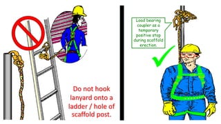 Load bearing
coupler as a
temporary
positive stop
during scaffold
erection.
Do not hook
lanyard onto a
ladder / hole of
scaffold post.

 