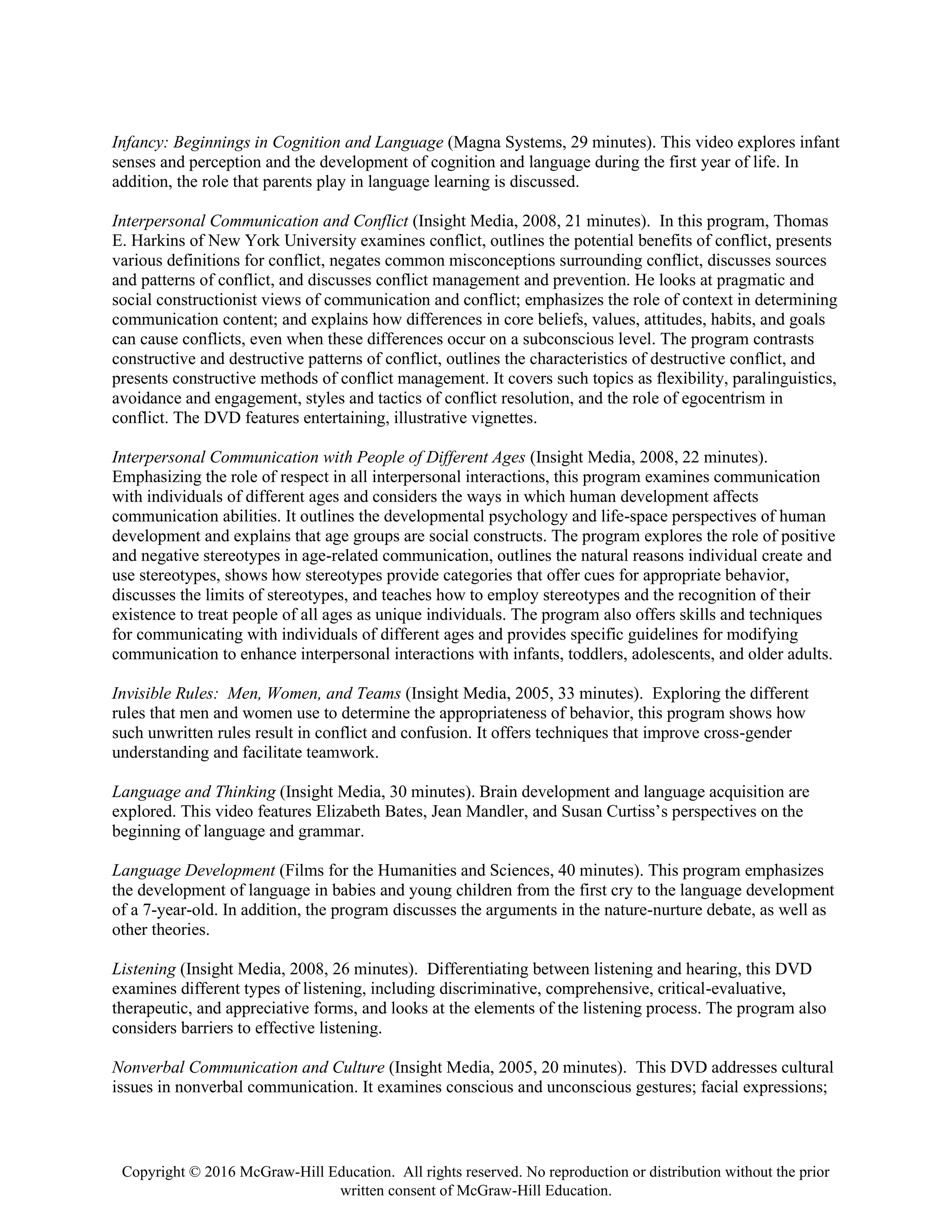 Copyright © 2016 McGraw-Hill Education. All rights reserved. No reproduction or distribution without the prior
written consent of McGraw-Hill Education.
Infancy: Beginnings in Cognition and Language (Magna Systems, 29 minutes). This video explores infant
senses and perception and the development of cognition and language during the first year of life. In
addition, the role that parents play in language learning is discussed.
Interpersonal Communication and Conflict (Insight Media, 2008, 21 minutes). In this program, Thomas
E. Harkins of New York University examines conflict, outlines the potential benefits of conflict, presents
various definitions for conflict, negates common misconceptions surrounding conflict, discusses sources
and patterns of conflict, and discusses conflict management and prevention. He looks at pragmatic and
social constructionist views of communication and conflict; emphasizes the role of context in determining
communication content; and explains how differences in core beliefs, values, attitudes, habits, and goals
can cause conflicts, even when these differences occur on a subconscious level. The program contrasts
constructive and destructive patterns of conflict, outlines the characteristics of destructive conflict, and
presents constructive methods of conflict management. It covers such topics as flexibility, paralinguistics,
avoidance and engagement, styles and tactics of conflict resolution, and the role of egocentrism in
conflict. The DVD features entertaining, illustrative vignettes.
Interpersonal Communication with People of Different Ages (Insight Media, 2008, 22 minutes).
Emphasizing the role of respect in all interpersonal interactions, this program examines communication
with individuals of different ages and considers the ways in which human development affects
communication abilities. It outlines the developmental psychology and life-space perspectives of human
development and explains that age groups are social constructs. The program explores the role of positive
and negative stereotypes in age-related communication, outlines the natural reasons individual create and
use stereotypes, shows how stereotypes provide categories that offer cues for appropriate behavior,
discusses the limits of stereotypes, and teaches how to employ stereotypes and the recognition of their
existence to treat people of all ages as unique individuals. The program also offers skills and techniques
for communicating with individuals of different ages and provides specific guidelines for modifying
communication to enhance interpersonal interactions with infants, toddlers, adolescents, and older adults.
Invisible Rules: Men, Women, and Teams (Insight Media, 2005, 33 minutes). Exploring the different
rules that men and women use to determine the appropriateness of behavior, this program shows how
such unwritten rules result in conflict and confusion. It offers techniques that improve cross-gender
understanding and facilitate teamwork.
Language and Thinking (Insight Media, 30 minutes). Brain development and language acquisition are
explored. This video features Elizabeth Bates, Jean Mandler, and Susan Curtiss’s perspectives on the
beginning of language and grammar.
Language Development (Films for the Humanities and Sciences, 40 minutes). This program emphasizes
the development of language in babies and young children from the first cry to the language development
of a 7-year-old. In addition, the program discusses the arguments in the nature-nurture debate, as well as
other theories.
Listening (Insight Media, 2008, 26 minutes). Differentiating between listening and hearing, this DVD
examines different types of listening, including discriminative, comprehensive, critical-evaluative,
therapeutic, and appreciative forms, and looks at the elements of the listening process. The program also
considers barriers to effective listening.
Nonverbal Communication and Culture (Insight Media, 2005, 20 minutes). This DVD addresses cultural
issues in nonverbal communication. It examines conscious and unconscious gestures; facial expressions;
 