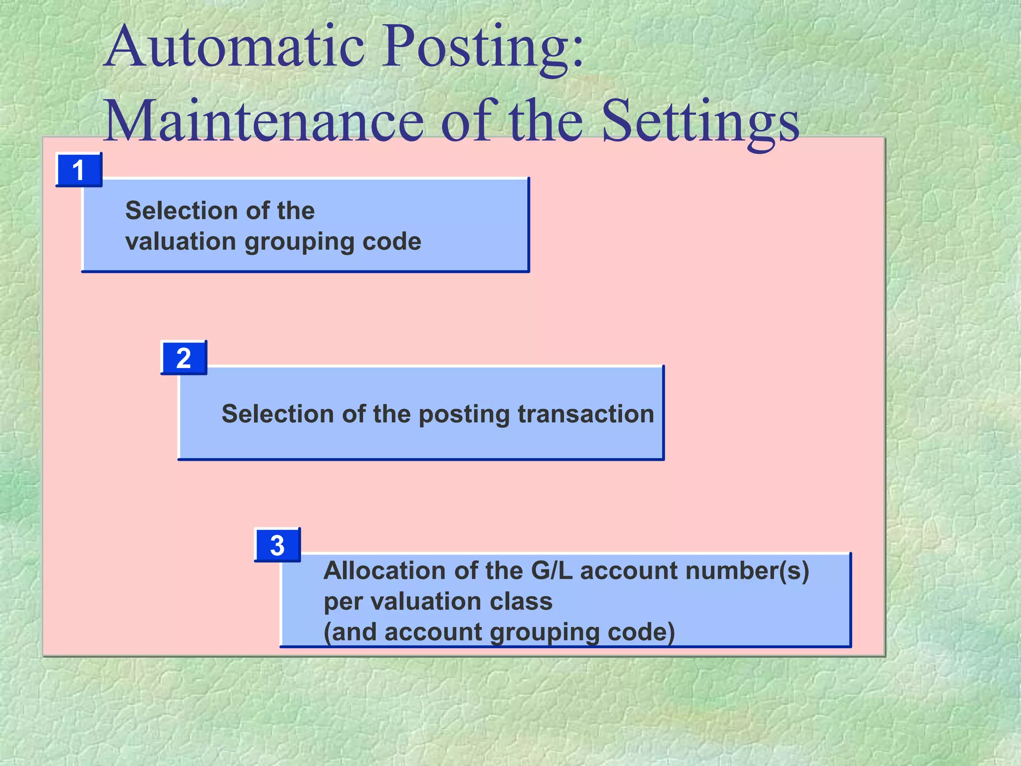 Automatic Posting:
Maintenance of the Settings
Selection of the
valuation grouping code
1
Selection of the posting transaction
2
Allocation of the G/L account number(s)
per valuation class
(and account grouping code)
3
 