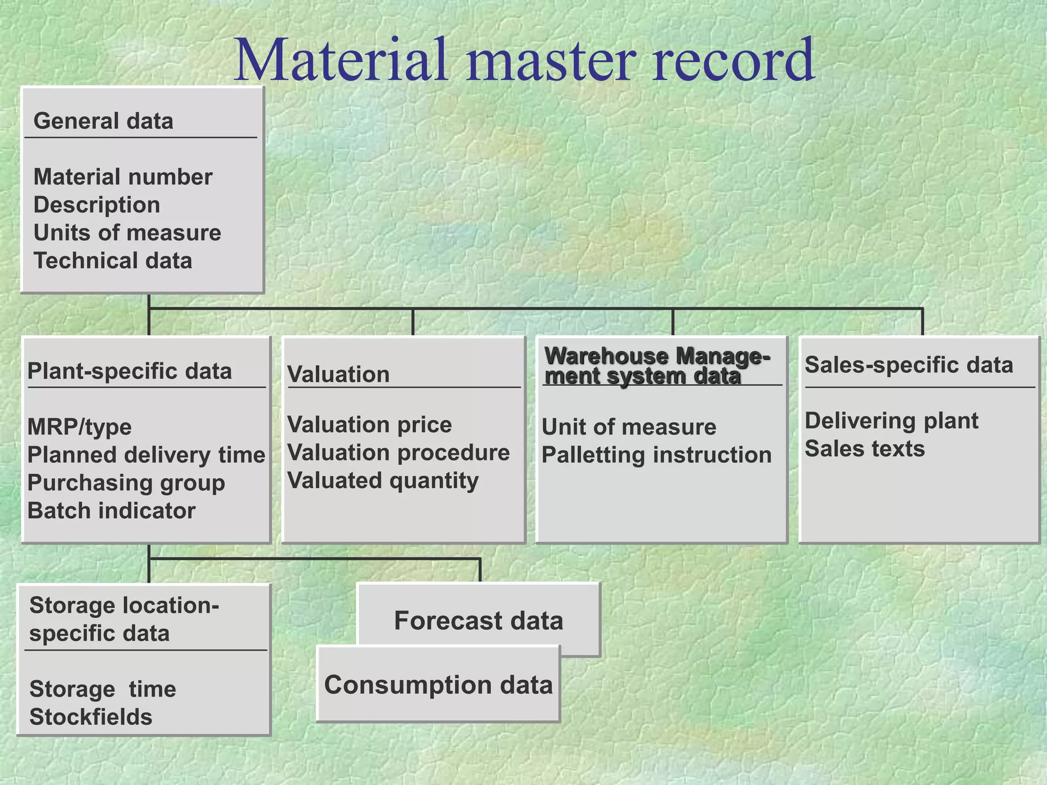 Material master record
General data
Material number
Description
Units of measure
Technical data
Plant-specific data
MRP/type
Planned delivery time
Purchasing group
Batch indicator
Valuation
Valuation price
Valuation procedure
Valuated quantity
Sales-specific data
Delivering plant
Sales texts
Unit of measure
Palletting instruction
Storage location-
specific data
Storage time
Stockfields
Forecast data
Consumption data
Warehouse Manage-
ment system data
 