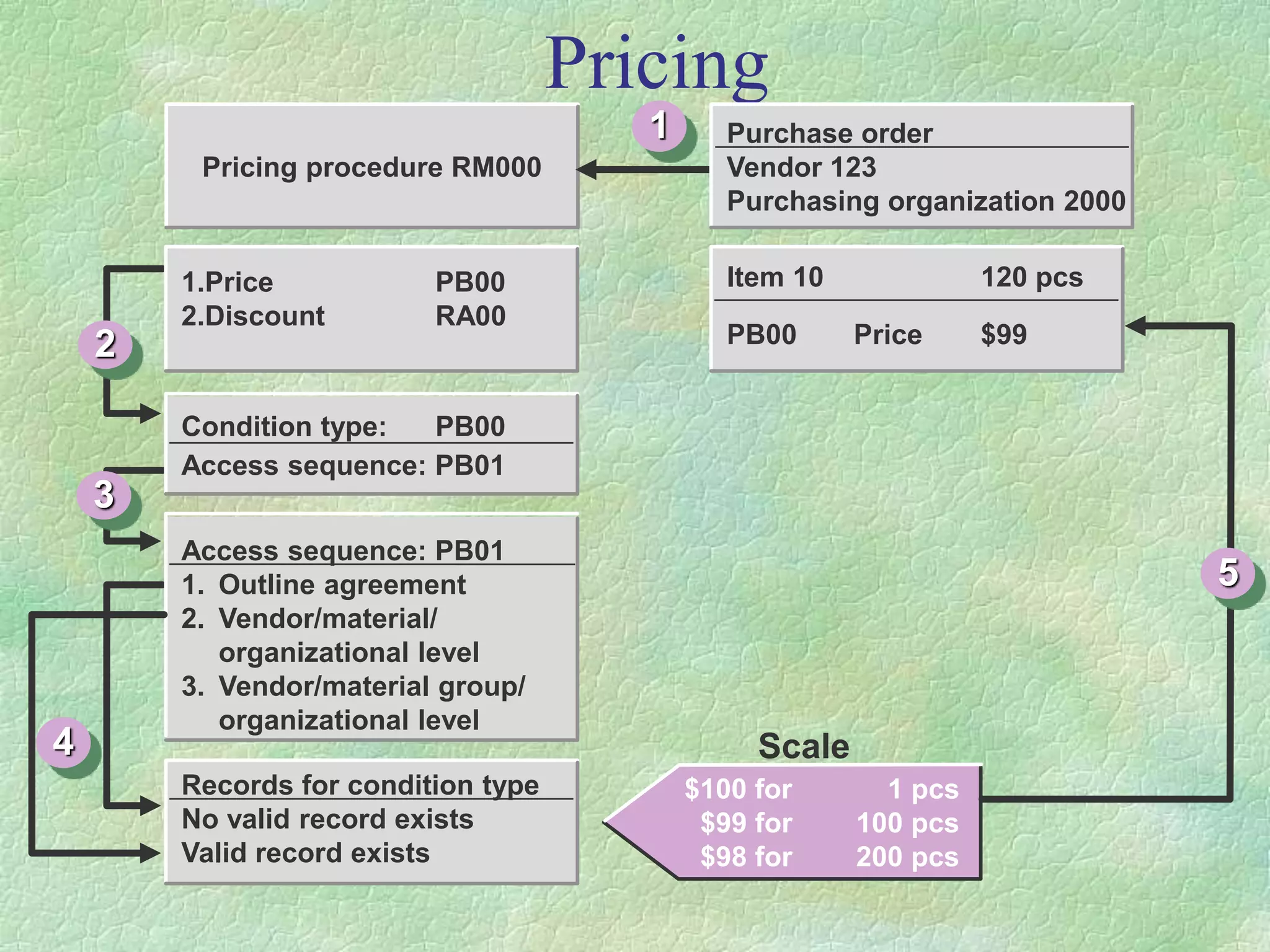 Pricing
Records for condition type
No valid record exists
Valid record exists
Pricing procedure RM000
Item 10 120 pcs
PB00 Price $99
$100 for 1 pcs
$99 for 100 pcs
$98 for 200 pcs
1.Price PB00
2.Discount RA00
Access sequence: PB01
1. Outline agreement
2. Vendor/material/
organizational level
3. Vendor/material group/
organizational level
Condition type: PB00
Access sequence: PB01
1
2
3
4
Purchase order
Vendor 123
Purchasing organization 2000
5
Scale
 