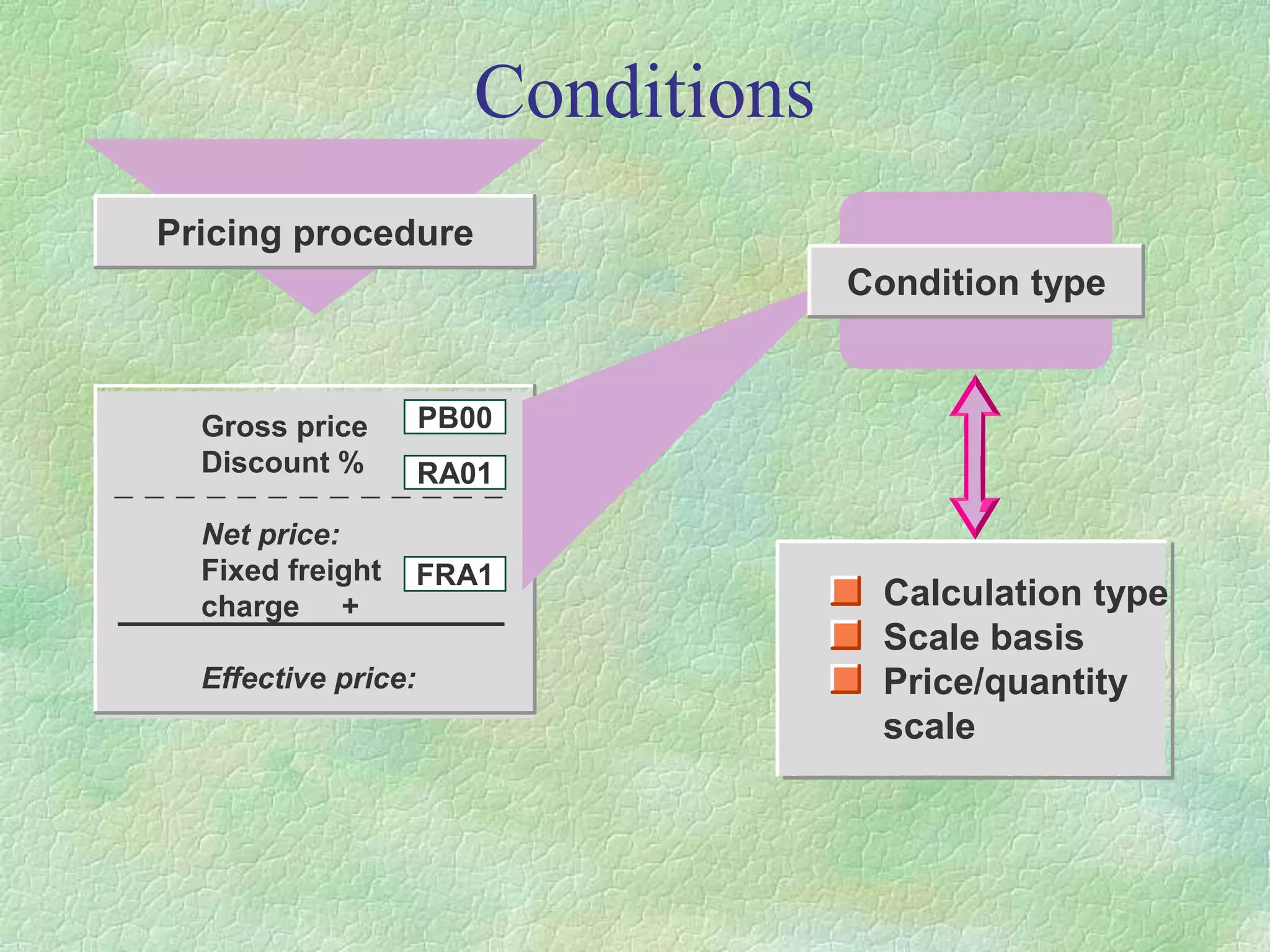 Conditions
Gross price
Discount %
Net price:
Fixed freight
charge +
Effective price:
PB00
RA01
FRA1
Condition type
Calculation type
Scale basis
Price/quantity
scale
Pricing procedure
 