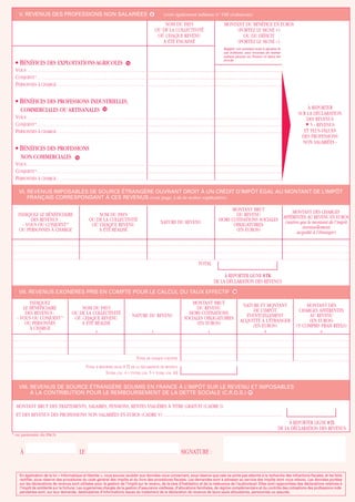 V. REVENUS DES PROFESSIONS NON SALARIÉES                                                                                                                                                 2                   (voir également tableau n° VIII ci-dessous)

                                                                                                                                                                                                       NOM DU PAYS                                                                                            MONTANT DU BÉNÉFICE EN EUROS
                                                                                                                                                                                                   OU DE LA COLLECTIVITÉ                                                                                           (PORTEZ LE SIGNE +)
                                                                                                                                                                                                    OÙ CHAQUE REVENU                                                                                                 OU DU DÉFICIT
                                                                                                                                                                                                      A ÉTÉ ENCAISSÉ                                                                                               (PORTEZ LE SIGNE –)
                                                                                                                                                                                                                                                                                                             Rappel : ces sommes sont à ajouter, le
                                                                                                                                                                                                                                                                                                             cas échéant, aux revenus de même
                                                                                                                                                                                                                                                                                                             nature perçus en France et dans les
                                                                                                                                                                                                                                                                                                             D.O.M.
     BÉNÉFICES DES EXPLOITATIONS AGRICOLES                                                                                                             15

 VOUS . . . . . . . . . . . . . . . . . . . . . . . . . . . . . . . . . . . . . . . . . . . . . . . . . . . . . . . . . . . . . . . . .                                                  ...............................................................................................................................................................................................................

 CONJOINT *. . . . . . . . . . . . . . . . . . . . . . . . . . . . . . . . . . . . . . . . . . . . . . . . . . . . . . . . . . . .                                                       ...............................................................................................................................................................................................................

 PERSONNES À CHARGE. . . . . . . . . . . . . . . . . . . . . . . . . . . . . . . . . . . . . . . . . . . . . . . . .                                                                     ...............................................................................................................................................................................................................




     BÉNÉFICES DES PROFESSIONS INDUSTRIELLES,
      COMMERCIALES OU ARTISANALES                                                                                  15                                                                                                                                                                                                                                                                                           À REPORTER
                                                                                                                                                                                                                                                                                                                                                                                                           SUR LA DÉCLARATION
 VOUS . . . . . . . . . . . . . . . . . . . . . . . . . . . . . . . . . . . . . . . . . . . . . . . . . . . . . . . . . . . . . . . . .                                                  ...............................................................................................................................................................................................................
                                                                                                                                                                                                                                                                                                                                                                                                               DES REVENUS
 CONJOINT *. . . . . . . . . . . . . . . . . . . . . . . . . . . . . . . . . . . . . . . . . . . . . . . . . . . . . . . . . . . .                                                       ...............................................................................................................................................................................................................       • 5 « REVENUS
 PERSONNES À CHARGE. . . . . . . . . . . . . . . . . . . . . . . . . . . . . . . . . . . . . . . . . . . . . . . . .                                                                     ...............................................................................................................................................................................................................      ET PLUS-VALUES
                                                                                                                                                                                                                                                                                                                                                                                                             DES PROFESSIONS
                                                                                                                                                                                                                                                                                                                                                                                                             NON SALARIÉES »
     BÉNÉFICES DES PROFESSIONS
      NON COMMERCIALES                                                     15

 VOUS . . . . . . . . . . . . . . . . . . . . . . . . . . . . . . . . . . . . . . . . . . . . . . . . . . . . . . . . . . . . . . . . .                                                  ...............................................................................................................................................................................................................

 CONJOINT *. . . . . . . . . . . . . . . . . . . . . . . . . . . . . . . . . . . . . . . . . . . . . . . . . . . . . . . . . . . .                                                       ...............................................................................................................................................................................................................

 PERSONNES À CHARGE. . . . . . . . . . . . . . . . . . . . . . . . . . . . . . . . . . . . . . . . . . . . . . . . .                                                                     ...............................................................................................................................................................................................................



    VI. REVENUS IMPOSABLES DE SOURCE ÉTRANGÈRE OUVRANT DROIT À UN CRÉDIT D’IMPÔT ÉGAL AU MONTANT DE L’IMPÔT
        FRANÇAIS CORRESPONDANT À CES REVENUS (voir page 3 de la notice explicative)

                                                                                                                                                                                                                                                                                                           MONTANT BRUT             MONTANT DES CHARGES
    INDIQUEZ LE BÉNÉFICIAIRE                                                                     NOM DU PAYS                                                                                                                                                                                                 DU REVENU
          DES REVENUS :                                                                      OU DE LA COLLECTIVITÉ                                                                                          NATURE DU REVENU                                                                          HORS COTISATIONS SOCIALES AFFÉRENTES AU REVENUde l’impôt
                                                                                                                                                                                                                                                                                                                                 (autres que le montant
                                                                                                                                                                                                                                                                                                                                                          EN EUROS
      - VOUS OU CONJOINT *                                                                    OÙ CHAQUE REVENU                                                                                                                                                                                              OBLIGATOIRES                  éventuellement
     OU PERSONNES À CHARGE                                                                       A ÉTÉ RÉALISÉ                                                                                                                                                                                               (EN EUROS)                acquitté à l’étranger)




                                                                                                                                                                                                                                                                      TOTAL

                                                                                                                                                                                                                                                                                                   À REPORTER LIGNE 8 TK
                                                                                                                                                                                                                                                                                              DE LA DÉCLARATION DES REVENUS
    VII. REVENUS EXONÉRÉS PRIS EN COMPTE POUR LE CALCUL DU TAUX EFFECTIF                                                                                                                                                                                                                                                    16


        INDIQUEZ                                                                                                                                                                                                                                   MONTANT BRUT                                                                         NATURE ET MONTANT                                                       MONTANT DES
     LE BÉNÉFICIAIRE                                                       NOM DU PAYS                                                                                                                                                               DU REVENU                                                                              DE L’IMPÔT                                                      CHARGES AFFÉRENTES
      DES REVENUS :                                                    OU DE LA COLLECTIVITÉ                                                                    NATURE DU REVENU                                                                  HORS COTISATIONS                                                                       ÉVENTUELLEMENT                                                          AU REVENU
  - VOUS OU CONJOINT *                                                  OÙ CHAQUE REVENU                                                                                                                                                        SOCIALES OBLIGATOIRES                                                                  ACQUITTÉ À L’ÉTRANGER                                                     (EN EUROS)
      OU PERSONNES                                                         A ÉTÉ RÉALISÉ                                                                                                                                                             (EN EUROS)                                                                             (EN EUROS)                                                     (Y COMPRIS FRAIS RÉELS)
        À CHARGE
                             1                                                                         2                                                                                       3                                                                                     4                                                                                      5                                         6




                                                                                                                                                                      TOTAL DE CHAQUE COLONNE
                                                                                           TOTAL À REPORTER LIGNE 8 TI DE LA DÉCLARATION DE REVENUS
                                                                                                       [TOTAL COL. 4 – (TOTAL COL. 5 + TOTAL COL. 6)]


    VIII. REVENUS DE SOURCE ÉTRANGÈRE SOUMIS EN FRANCE À L’IMPÔT SUR LE REVENU ET IMPOSABLES
          À LA CONTRIBUTION POUR LE REMBOURSEMENT DE LA DETTE SOCIALE (C.R.D.S.) 17

  MONTANT BRUT DES TRAITEMENTS, SALAIRES, PENSIONS, RENTES VIAGÈRES À TITRE GRATUIT (CADRE I)
  ET DES REVENUS DES PROFESSIONS NON SALARIÉES EN EUROS (CADRE V) ........................................................................................................................................................................................
                                                                                                                                                                                                                                                                                                                                                                                                       À REPORTER LIGNE 8 TL
                                                                                                                                                                                                                                                                                                                                                                                                  DE LA DÉCLARATION DES REVENUS
* ou partenaire du PACS.



     À .............................................................................. LE    ...........................................................................................................................................    SIGNATURE :


     En application de la loi « Informatique et libertés », vous pouvez accéder aux données vous concernant, sous réserve que cela ne porte pas atteinte à la recherche des infractions ﬁscales, et les faire
     rectiﬁer, sous réserve des procédures du code général des impôts et du livre des procédures ﬁscales. Les demandes sont à adresser au service des impôts dont vous relevez. Les données portées
     sur les déclarations de revenus sont utilisées pour la gestion de l’impôt sur le revenu, de la taxe d’habitation et de la redevance de l’audiovisuel. Elles sont rapprochées des déclarations relatives à
     l’impôt de solidarité sur la fortune. Les organismes chargés de la gestion d’assurance vieillesse, d’allocations familiales, de régime complémentaire et du contrôle des cotisations des professions indé-
     pendantes sont, sur leur demande, destinataires d’informations issues du traitement de la déclaration de revenus de leurs seuls allocataires, pensionnés ou assurés.
 