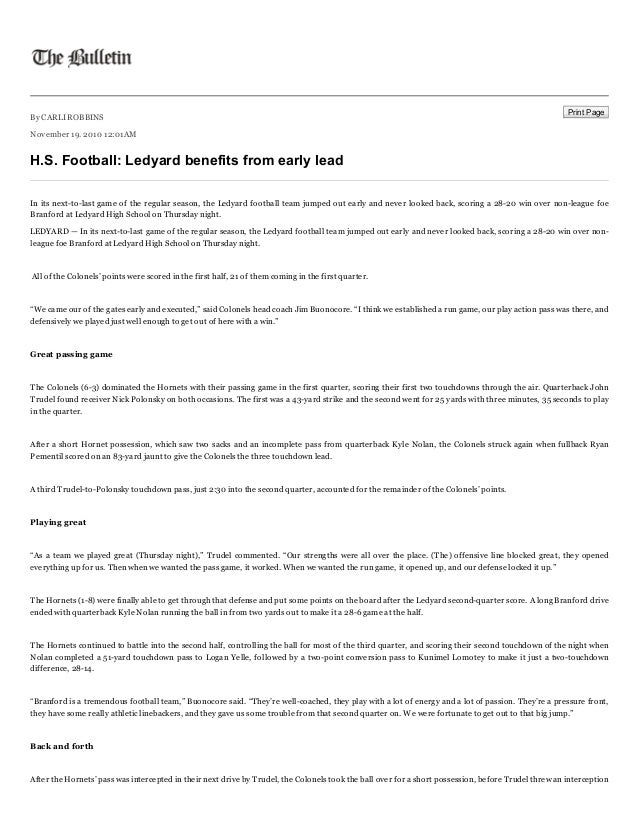 H.S. Football Ledyard benefits from early lead